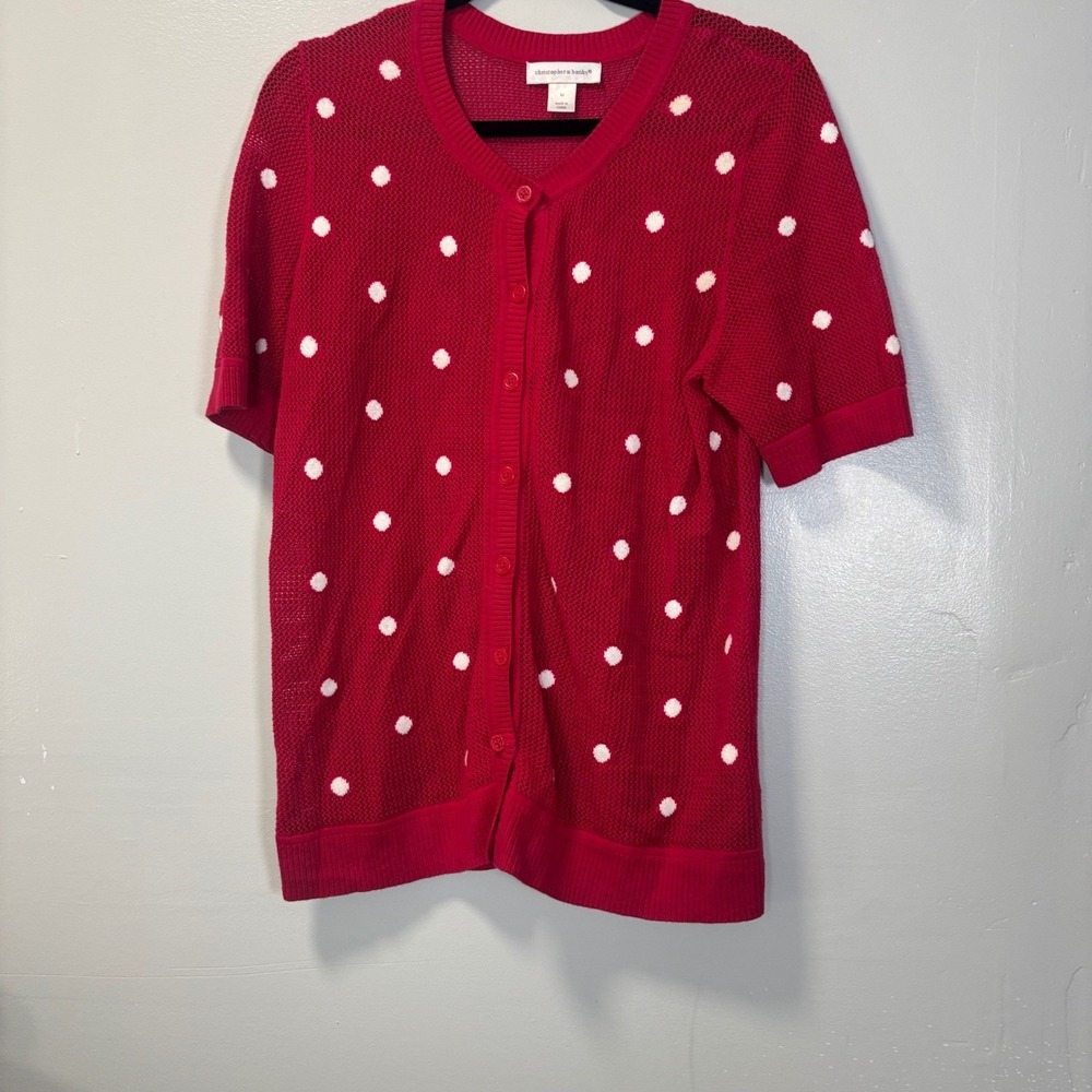 Christopher & Banks Red Polka Dot Short Sleeve Cardigan Sweater Medium